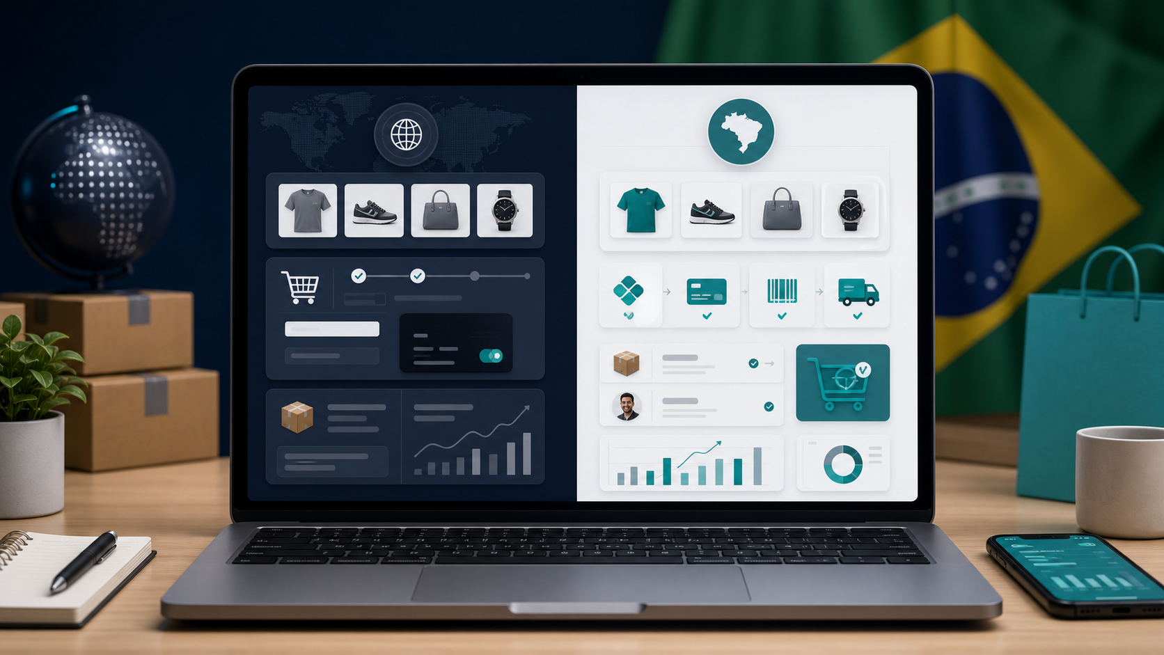 Comparativo visual entre plataforma global de ecommerce e solução adaptada ao Brasil