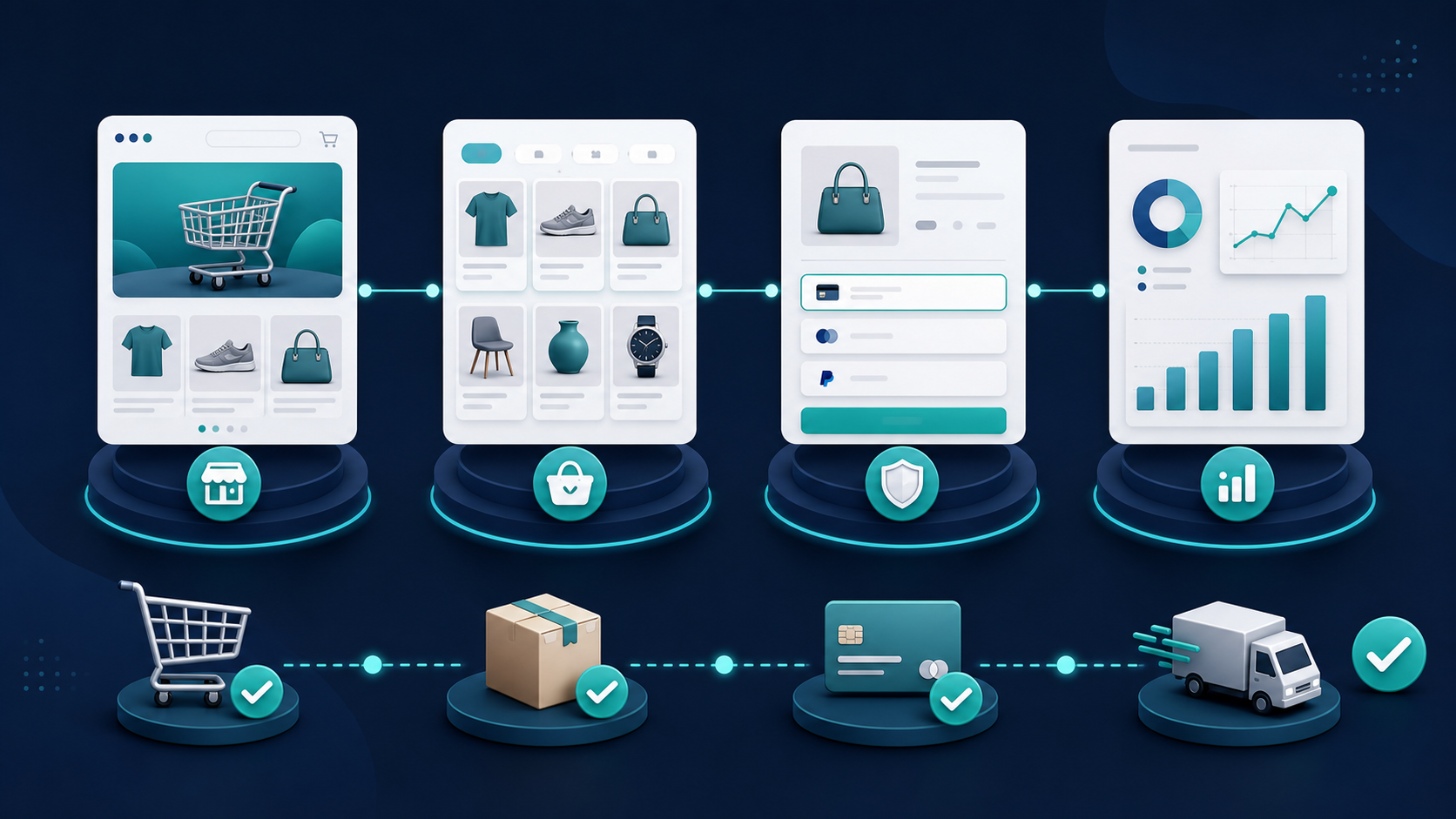 Estrutura de ecommerce com vitrine, catálogo, checkout e analytics conectados